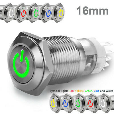 1pc 16mm 12v Car Led Power Push Button Metal On/off Switch Latching Waterproof